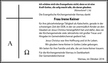 Traueranzeige von Irene Keiner von Südthüringer Presse