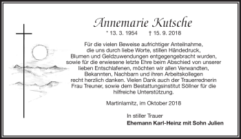 Traueranzeige von Annemarie Kutsche von Frankenpost