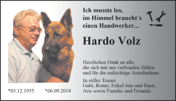 Traueranzeige von Hardo Volz von Südthüringer Presse