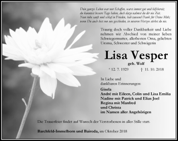 Traueranzeige von Lisa Vesper von Südthüringer Presse