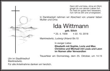 Traueranzeige von Ida Wittmann von Frankenpost