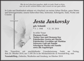 Traueranzeige von Josta Jankovsky von Südthüringer Presse