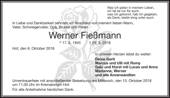 Traueranzeige von Werner Fießmann von Frankenpost