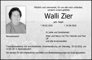 Traueranzeige von Walli Zier von Neue Presse Coburg