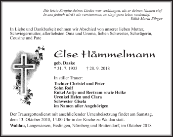 Traueranzeige von Else Hämmelmann von Südthüringer Presse