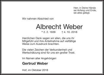 Traueranzeige von Albrecht Weber von Frankenpost
