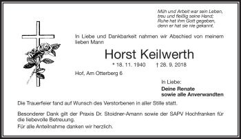 Traueranzeige von Horst Keilwerth von Frankenpost