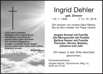 Traueranzeige von Ingrid Dehler von Neue Presse Coburg