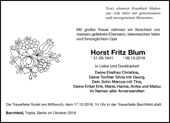 Traueranzeige von Horst Fritz Blum von Südthüringer Presse