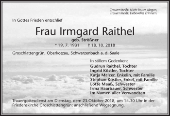Traueranzeige von Irmgard Raithel von Frankenpost