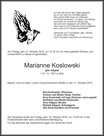 Traueranzeige von Marianne Koslowski von Frankenpost