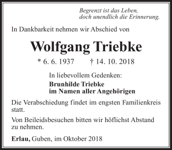 Traueranzeige von Wolfgang Triebke von Südthüringer Presse
