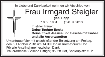 Traueranzeige von Irmgard Steigler von Frankenpost