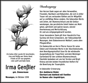 Traueranzeige von Irma Genßler von Südthüringer Presse