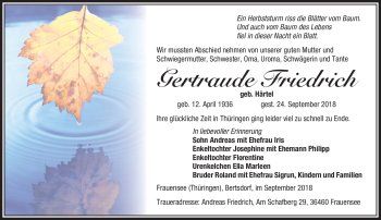 Traueranzeige von Gertraude friedrich von Südthüringer Presse