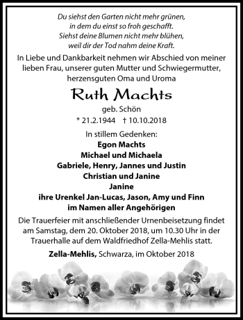 Traueranzeige von Ruth Machts von Südthüringer Presse