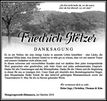 Traueranzeige von Friedrich Stötzer von Südthüringer Presse