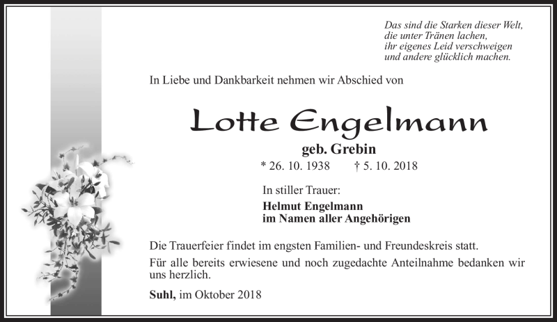  Traueranzeige für Lotte Engelmann vom 13.10.2018 aus Südthüringer Presse