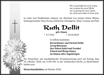 Traueranzeige von Ruth Dellit von Südthüringer Presse
