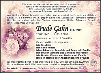 Traueranzeige von Trude Gahn von Südthüringer Presse