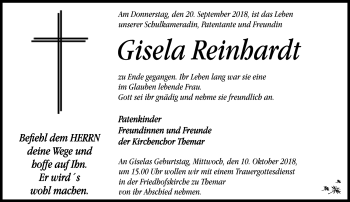 Traueranzeige von Gisela Reinhardt von Südthüringer Presse
