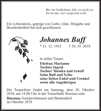 Traueranzeige von Johannes Buff von Südthüringer Presse