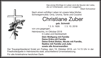 Traueranzeige von Christiane Zuber von Frankenpost