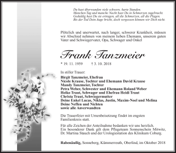 Traueranzeige von Frank Tanzmeier von Südthüringer Presse