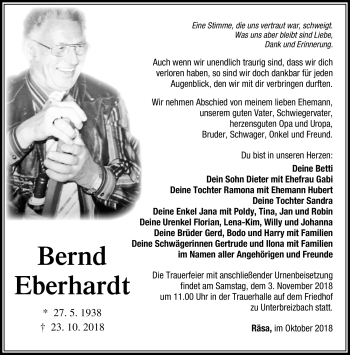 Traueranzeige von Bernd Eberhardt von Südthüringer Presse