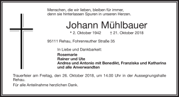 Traueranzeige von Johann Mühlbauer von Frankenpost