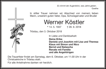 Traueranzeige von Werner Köstler von Frankenpost