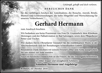 Traueranzeige von Gerhard Hermann von Südthüringer Presse