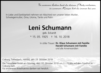 Traueranzeige von Leni Schumann von Neue Presse Coburg