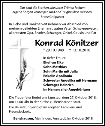 Traueranzeige von Konrad Könitzer von Südthüringer Presse