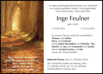 Traueranzeige von Inge Feulner von Neue Presse Coburg