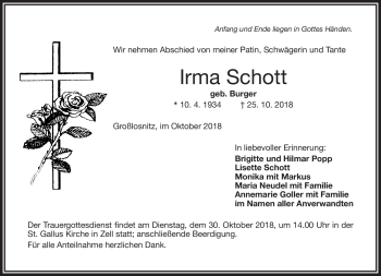 Traueranzeige von Irma Schott von Frankenpost