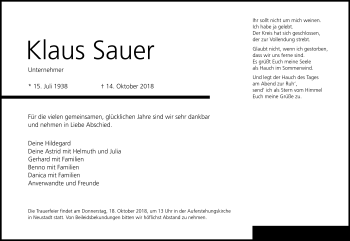 Traueranzeige von Klaus Sauer von Neue Presse Coburg