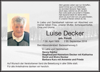 Traueranzeige von Luise Decker von Frankenpost