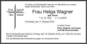 Traueranzeige von Helga Wagner von Frankenpost