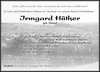 Traueranzeige von Irmgard Hüther von Südthüringer Presse
