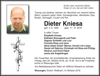 Traueranzeige von Dieter Kniesa von Südthüringer Presse