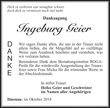 Traueranzeige von Ingeburg Geier von Südthüringer Presse