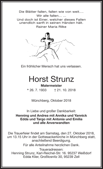 Traueranzeige von Horst Strunz von Frankenpost
