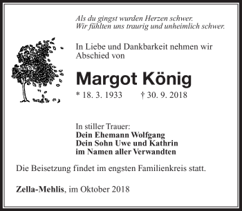 Traueranzeige von Margot König von Südthüringer Presse