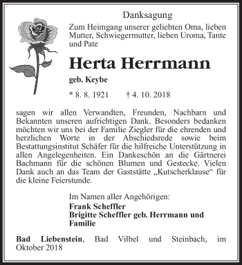 Traueranzeige von Herta Herrmann von Südthüringer Presse