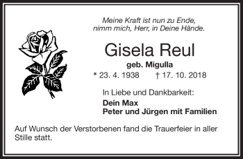 Traueranzeige von Gisela Reul von Frankenpost