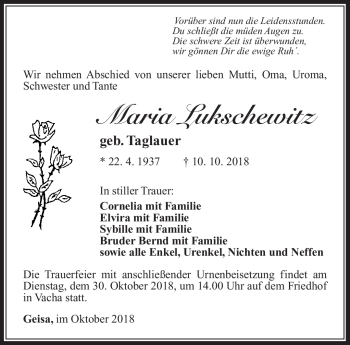 Traueranzeige von Maria Lukschewitz von Südthüringer Presse
