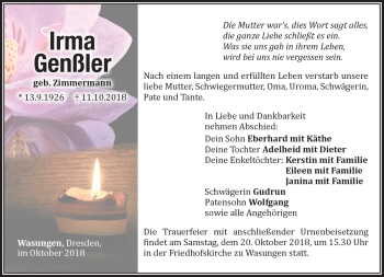 Traueranzeige von Irma Genßler von Südthüringer Presse
