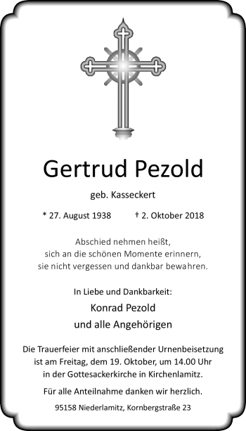 Traueranzeige von Gertrud Pezold von Frankenpost