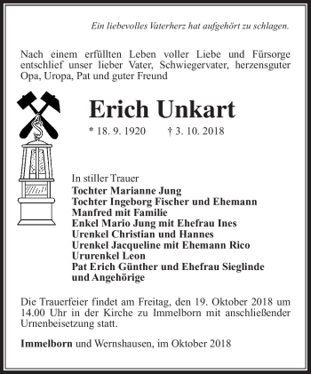 Traueranzeige von Erich Unkart von Südthüringer Presse